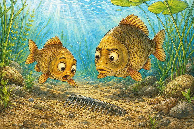 Illustration for the story The Old Pike's Teeth: a little minnow and his dad looking at a comb on the pond floor. Short stories for preschool and kindergarten kids.