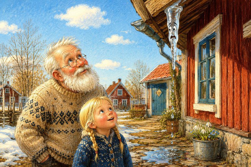 Unique short story with images for kids ages 3–7 | Read fun stories online Unique illustration for a thoughtful short story with images for preschoolers, showing a nervous melting icicle with lively eyes dripping onto a path while a grandfather and his young granddaughter watch in surprise on an early spring day.