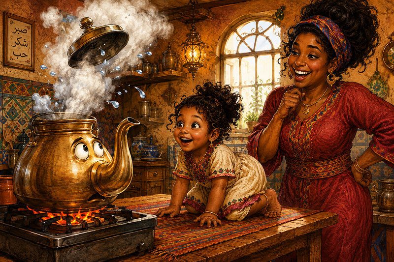 Unique short story with images for kids ages 3–7 | Read fun stories online Unique illustration for a funny short story with images for preschoolers, showing a large brass teapot looking startled at its bouncing, steamy lid while a smiling mom and her little daughter laugh in the kitchen.