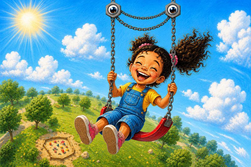 Unique short story with images for kids ages 3–7 | Read fun stories online Unique illustration for a thoughtful short story with images for preschoolers, showing a laughing little girl on a playground swing while the swing's bolts and chains form a nervous smiling face high above the park.