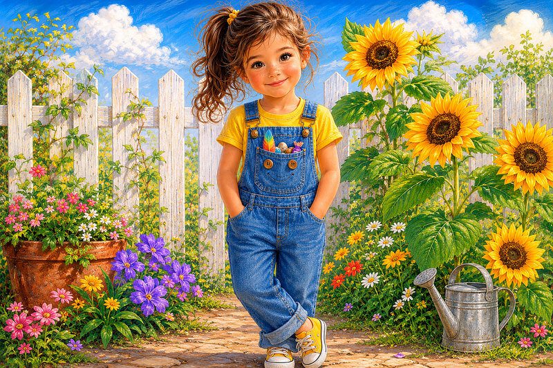 Funny short stories with images for kids ages 3–7 | Read unique stories online Unique children's illustration for a funny short story with images for preschoolers, showing a little girl's denim pocket stuffed with feathers and pebbles while the folds of fabric form a tiny mischievous smile in a sunny garden.