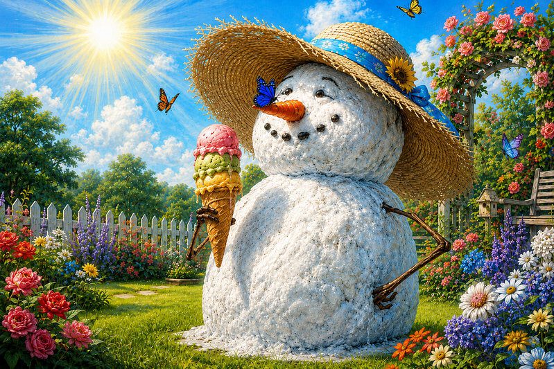 Unusual short story with images for kids ages 3–7 | Read fun stories online Whimsical illustration for a thoughtful short story with images for preschoolers, showing a dreamy snowman philosopher in a large straw hat standing in a blooming summer garden with an ice cream cone while a bright blue butterfly rests on his carrot nose.