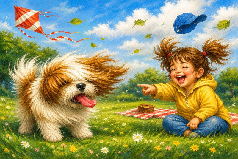 Funny short stories with images for kids ages 3–7 | Read unique stories online Unique children’s illustration for a funny short story with images for preschoolers, showing a fluffy dog and a laughing girl with flying pigtails having a picnic on a very windy day.