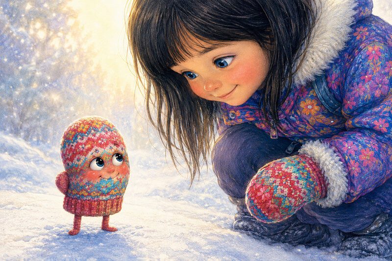 Funny short stories with images for kids ages 3–7 | Read unique stories online Unique illustration for a thoughtful short story with images for preschoolers, showing a bright, bashful mitten looking up shyly while hiding its thumb behind its back as a smiling little girl watches kindly.