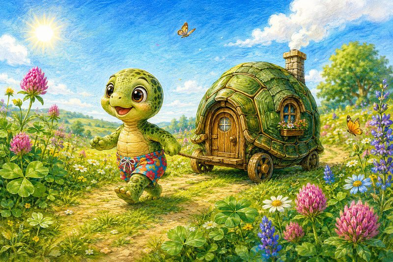 Charming illustration for a short story with images, featuring a cheerful preschool turtle rolling its little house-on-wheels behind it. Fun short story with images for preschoolers and young kids ages 3–7