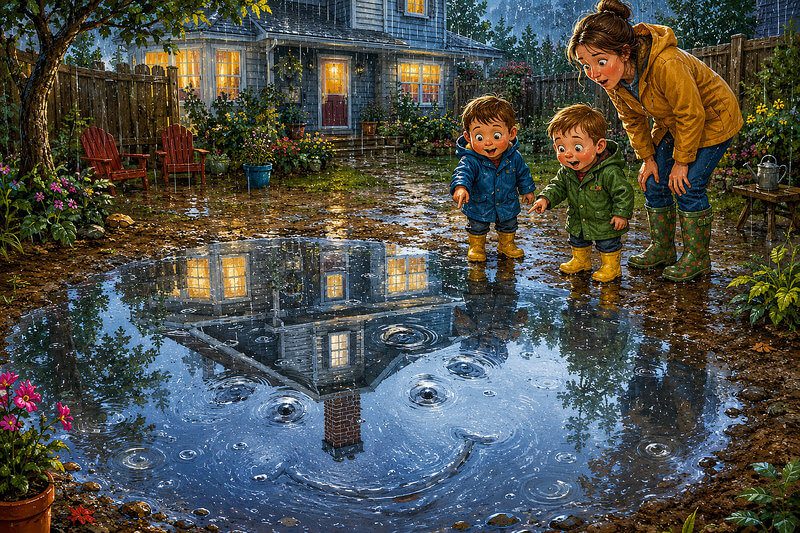 Fun short story with images for preschoolers and kids ages 3–7 | Read short stories online Whimsical illustration for a short story with images for preschoolers, showing a big puddle smiling through raindrops and reflecting a house while a mom and her kids stare at it in surprise.