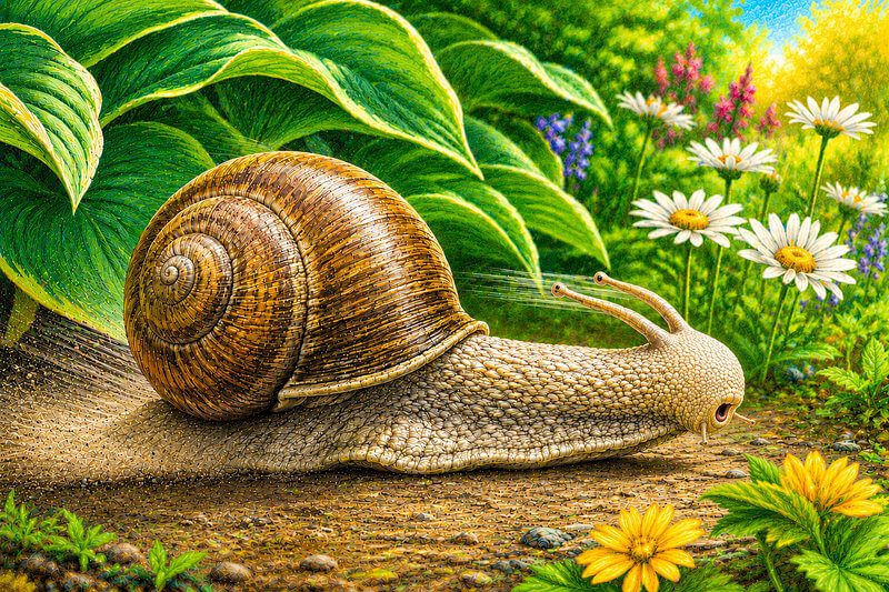 Unique short story with images for kids ages 3–7 | Read fun stories online Unique illustration for a funny short story with images for preschoolers, showing a speedy snail racing down a garden path with its eye stalks flapping wildly behind.