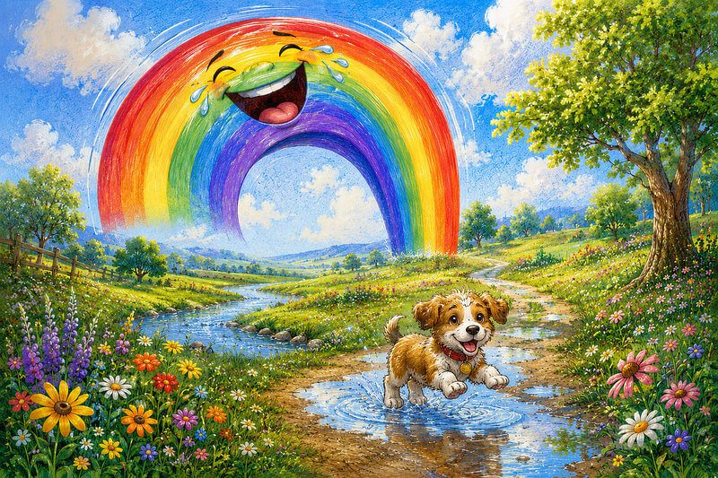 Funny short stories with images for kids ages 3–7 | Read unique stories online Unique illustration for a whimsical short story with images for preschoolers, where a bright rainbow with a cheerful face bends double with laughter while a playful puppy splashes through puddles in a blooming meadow.