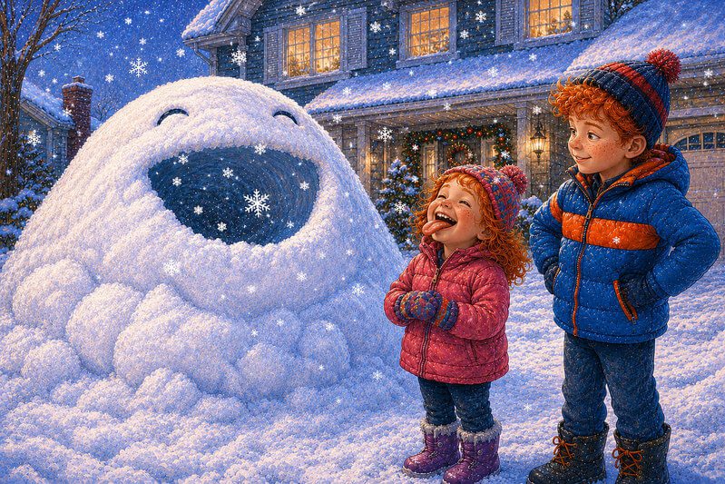 Funny short stories with images for kids ages 3–7 | Read unique stories online Unique illustration for a funny short story with images for preschoolers, showing a giant round snowbank catching snowflakes with its wide-open mouth while two red-haired children happily try to catch snow on their tongues.