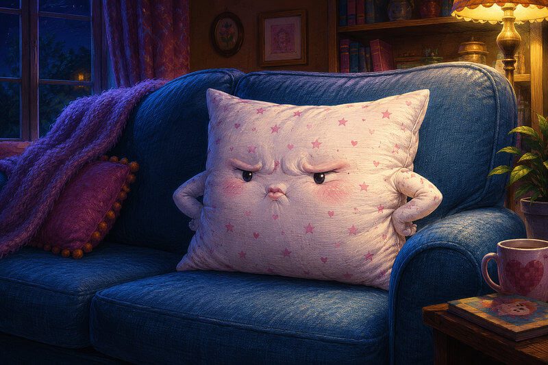 Unusual short story with images for kids ages 3–7 | Read fun stories online Unique illustration for a thoughtful short story with images for preschoolers, showing a soft pillow with a pink stars-and-hearts print pouting with hurt feelings, sitting all alone on a blue couch.