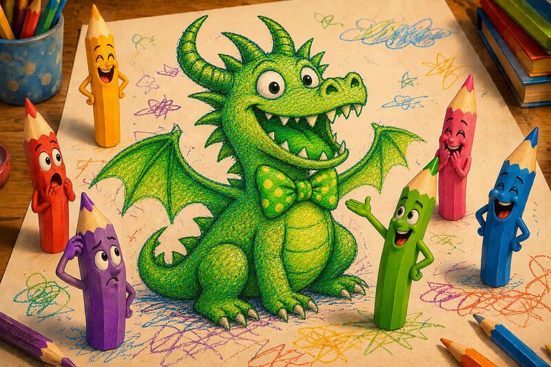 Unique short story with images for kids ages 3–7 | Read fun stories online Unique illustration for a funny short story with images for preschoolers, where a green crayon adds a giant green bow to a dragon while the other colorful crayons react with surprise and delight.