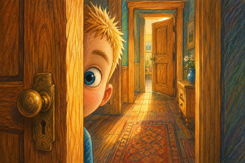 Funny short stories with images for kids ages 3–7 | Read unique stories online Unique illustration for a funny short story with images for preschoolers, showing a curious little boy with spiky blond hair peeking through the narrow crack of a half-open hallway door.