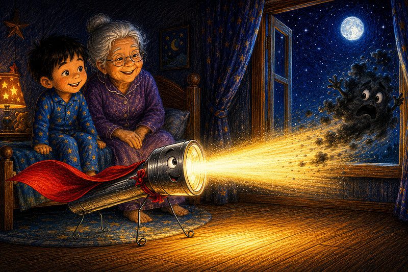 Unusual short story with images for kids ages 3–7 | Read fun stories online Whimsical illustration for a thoughtful short story with images for preschoolers, showing a brave flashlight in a superhero cape shining at a frightened cloud of darkness slipping out a bedroom window.