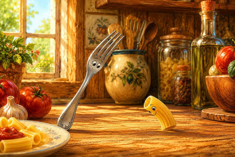 Funny short stories with images for kids ages 3–7 | Read unique stories online Unique illustration for a short story with images for preschoolers, showing a shiny fork and a macaroni noodle politely bowing to each other on a wooden kitchen table.