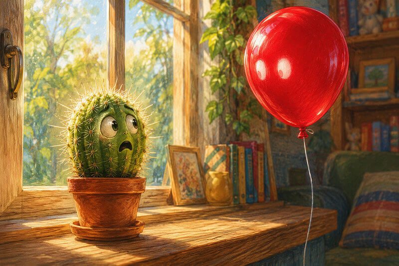 Unusual short story with images for kids ages 3–7 | Read funny stories online Unique illustration for a short story with images for preschoolers, showing a nervous round cactus with lively eyes on a windowsill, startled by a red balloon floating nearby.