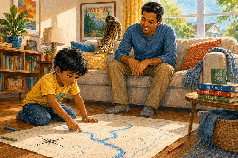 Unique short story with images for kids ages 3–7 | Read fun stories online Unique illustration for a thoughtful short story with images for preschoolers, showing a young boy tracing a blue river on a paper map while his dad smiles from the couch and a spotted kitten playfully reaches for his hand.