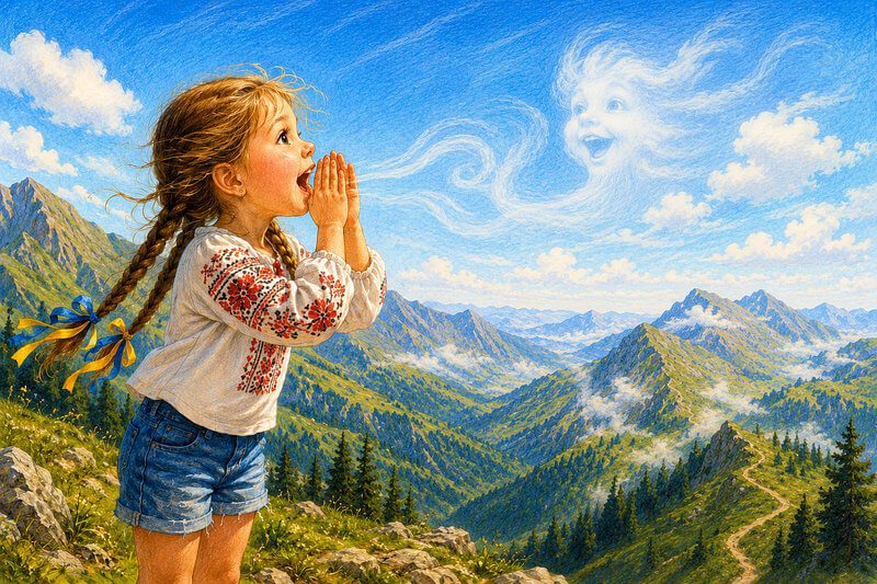 Unique illustration for a short story with images for preschoolers, where a little girl calls into the mountains and a cheerful Echo appears in the misty sky. Short story with images for kids ages 3–7 about a very polite Echo