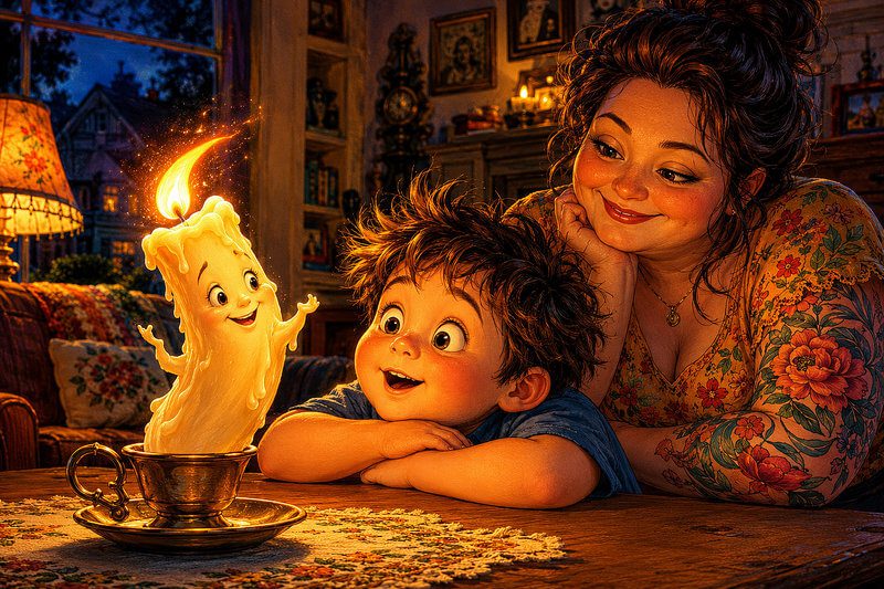 Unusual short story with images for kids ages 3–7 | Read fun stories online Whimsical illustration for a thoughtful short story with images for preschoolers, showing a dancing candle in a brass holder glowing brightly on a table while a little boy and his smiling mom watch it warmly.