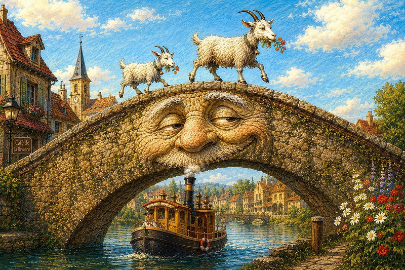 Funny short stories with images for kids ages 3–7 | Read unique stories online Unique illustration for a thoughtful short story with images for preschoolers, showing a sleepy stone bridge with a kind face yawning into a tall arch while a little steamboat passes underneath and a goat trots across above.