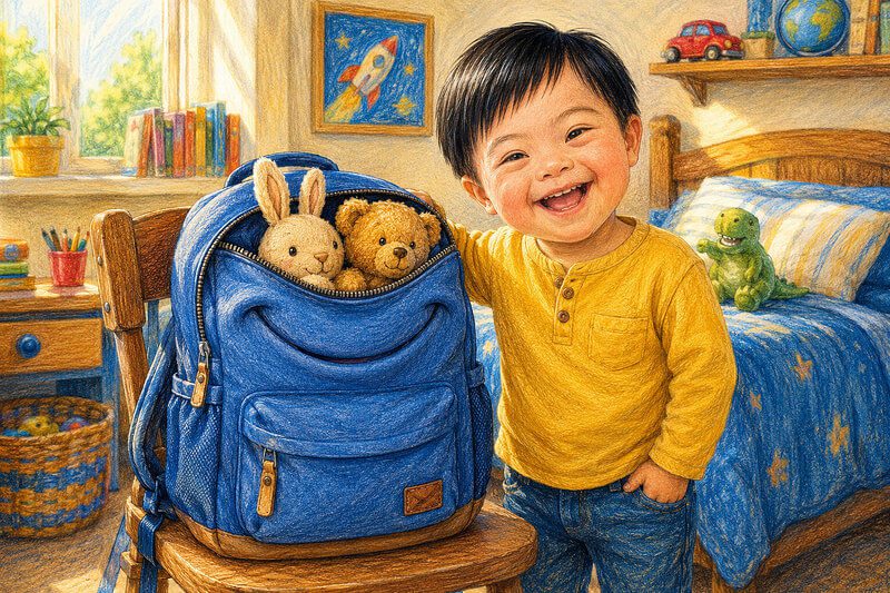 Funny short stories with images for kids ages 3–7 | Read unique stories online Unique illustration for a funny short story with images for preschoolers, showing a blue school backpack with a happy grin that has 'eaten' a stuffed bunny and teddy bear while a laughing little boy watches in his bedroom.