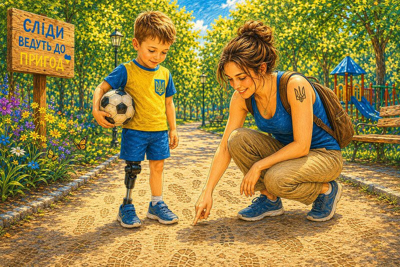 Unusual short story with images for kids ages 3–7 | Read fun stories online Unique illustration for a funny short story with images for preschoolers, showing a young boy and his mom studying dozens of footprints on a park path.