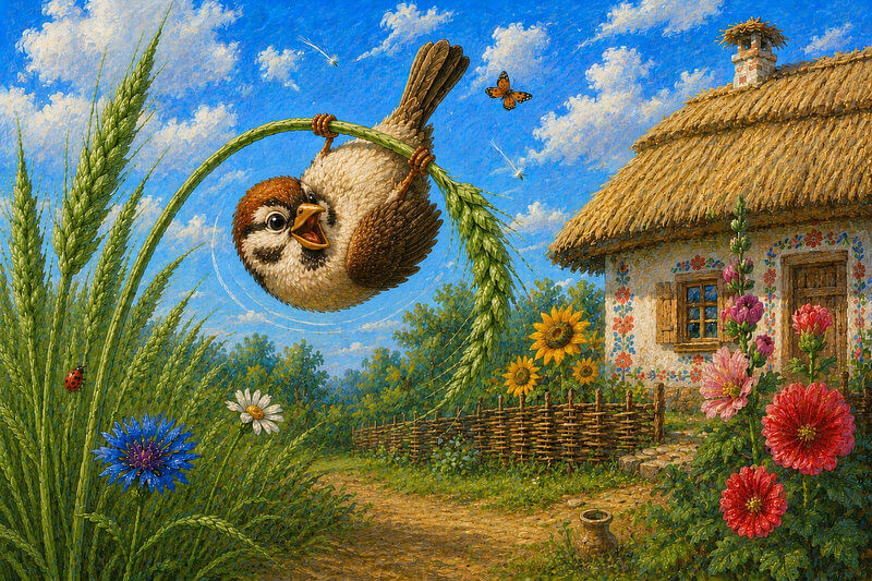 Картинка Горобчик та бадилинка — українська народна казка на baby-bear.org Ілюстрація до української народної казки Горобчик та бадилинка — яскрава картинка для дітей