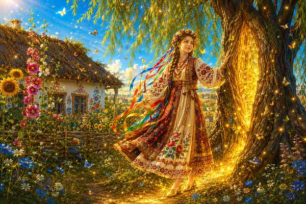 Вродлива дівчина в золотих черевичках стоїть біля чарівної верби, ілюстрація до української народної казки