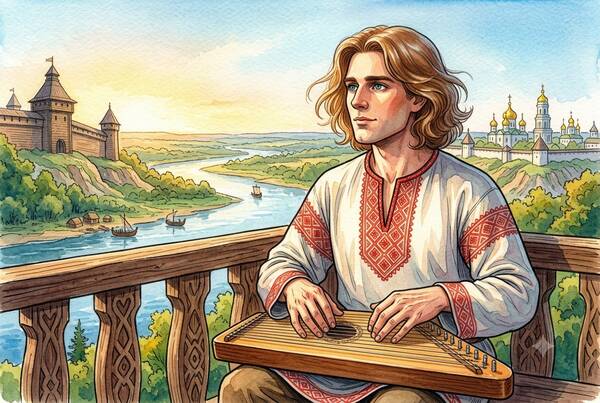 Ілюстрація до книги «ДОБРИНЯ — МОЛОДИЙ ГУСЛЯР: билини Київської Русі для дітей», на якій зображено вродливого русокосого юнака в білій вишиванці, який грає на гуслях на тлі панорами стародавнього Києва з дерев'яною фортецею, золотими куполами храмів та річкою Дніпро. Акварельний стиль.