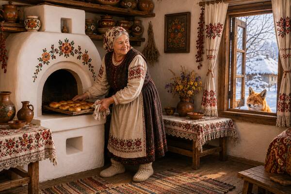 Бабуся випікає пиріжки в печі, а у вікно заглядає лисичка — ілюстрація до казки ЛИСИЧКА-СЕСТРИЧКА ТА ВОВЧИК-БРАТИК: українська народна казка для дітей