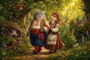 Пан Коцький поважно йде під руку з лисичкою, а ведмідь, вовк, заєць і дикий кабан ховаються в лісі — ілюстрація до української народної казки «Пан Коцький».